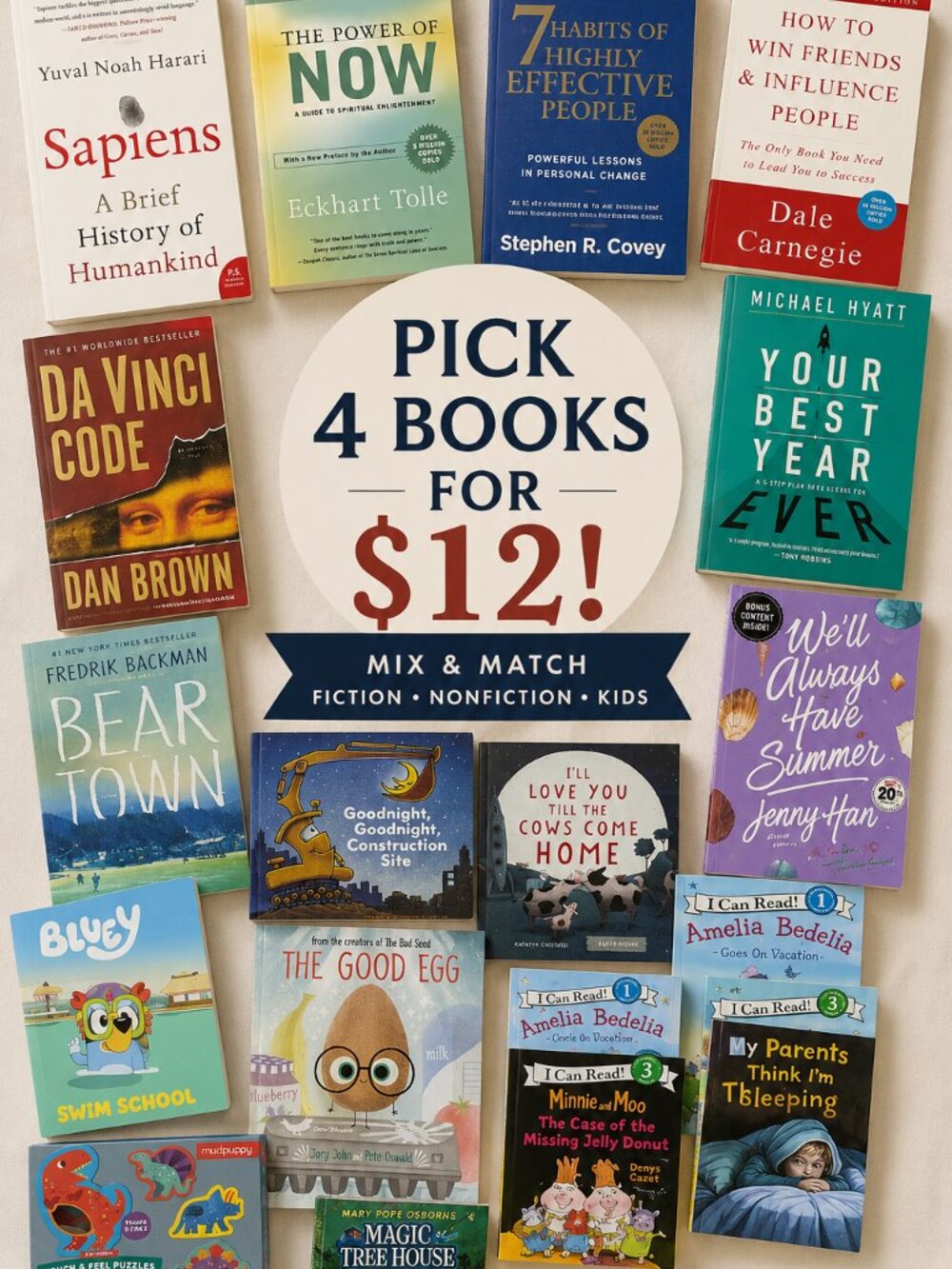 Books Bundle Pick 4 for $12 | Fiction, Nonfiction, Kids Books, Bestsellers
